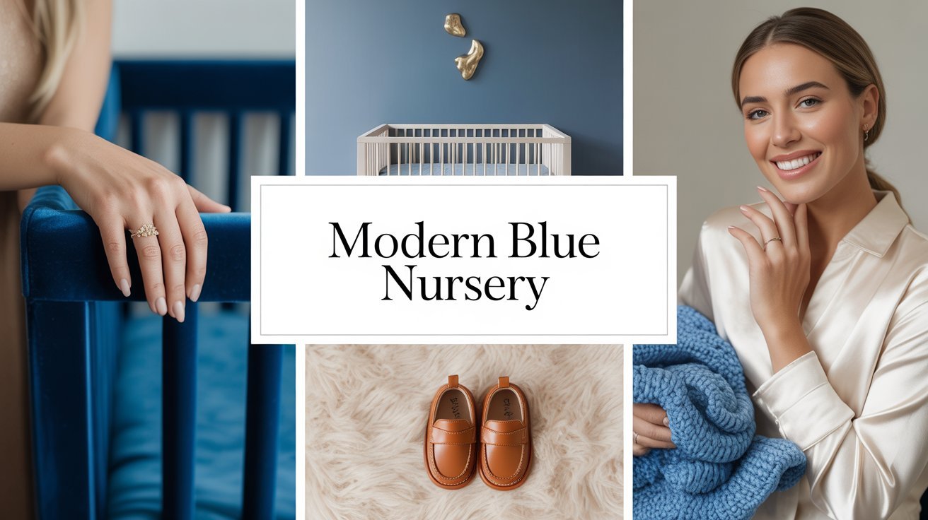 Modern blue nursery decor for baby boy featuring slate walls and stylish mother.